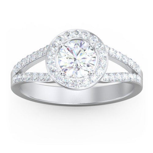 Diamond Halo Engagement Ring with Split Shank and Accents – 14K White Gold with Lab Diamond