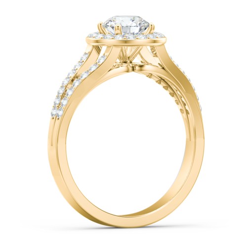 Diamond Halo Engagement Ring with Split Shank and Accents – 10K Yellow Gold with Lab Diamond
