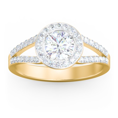 Diamond Halo Engagement Ring with Split Shank and Accents – 10K Yellow Gold with Lab Diamond
