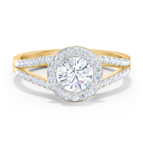 Diamond Halo Engagement Ring with Split Shank and Accents – 10K Yellow Gold with Lab Diamond
