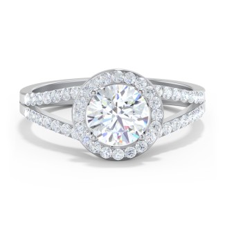 Diamond Halo Engagement Ring with Split Shank and Accents