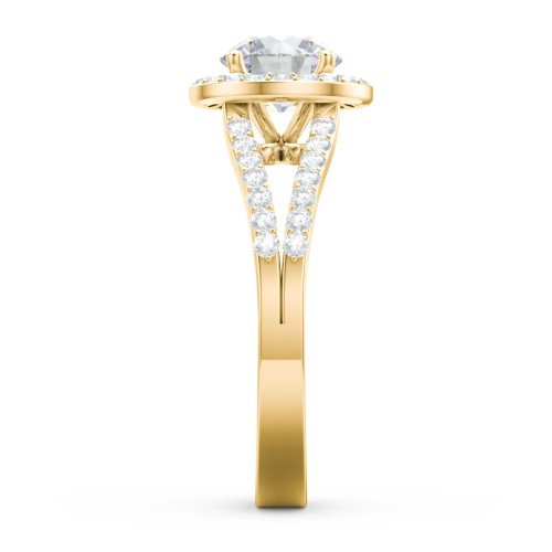 Diamond Halo Engagement Ring with Split Shank and Accents – 10K Yellow Gold with Lab Diamond