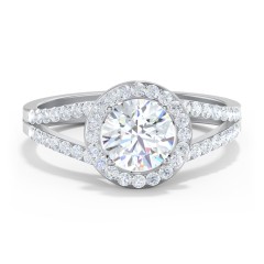 Diamond Halo Engagement Ring with Split Shank and Accents – 14K White Gold with Lab Diamond
