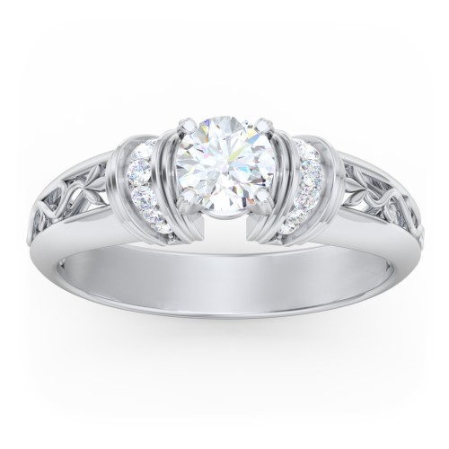 Vintage Solitaire Engagement Ring with Shoulder Accents and Sculptural Band – 14K White Gold with Diamond