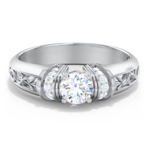 Vintage Solitaire Engagement Ring with Shoulder Accents and Sculptural Band – 14K White Gold with Diamond