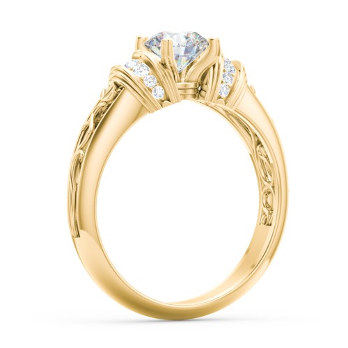 Vintage Solitaire Engagement Ring with Shoulder Accents and Sculptural Band – 10K Yellow Gold with Diamond