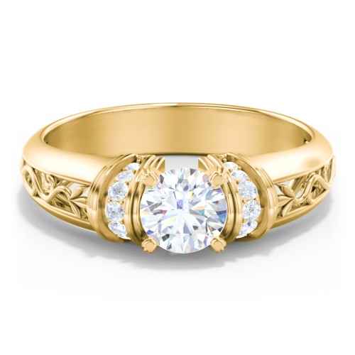 Vintage Solitaire Engagement Ring with Shoulder Accents and Sculptural Band – 10K Yellow Gold with Diamond