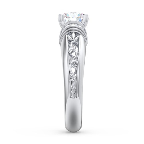 Vintage Solitaire Engagement Ring with Shoulder Accents and Sculptural Band – 14K White Gold with Diamond