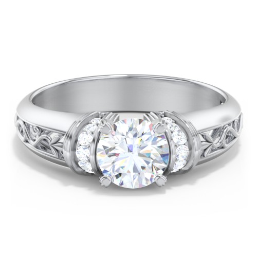 Vintage Solitaire Engagement Ring with Shoulder Accents and Sculptural Band – 14K White Gold with Diamond