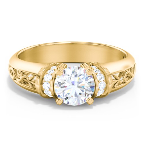 Vintage Solitaire Engagement Ring with Shoulder Accents and Sculptural Band – 10K Yellow Gold with Diamond