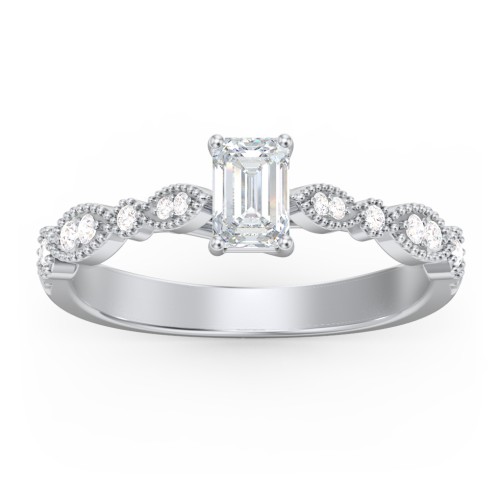 Vintage Diamond Ring with Milgrain Leaves and Accents – 14K White Gold with Lab Diamond