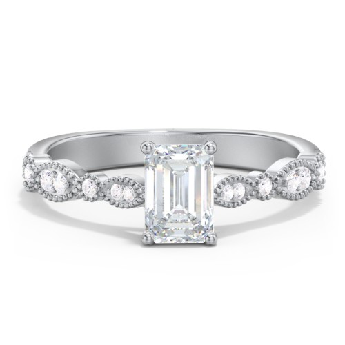 Vintage Diamond Ring with Milgrain Leaves and Accents – 14K White Gold with Lab Diamond