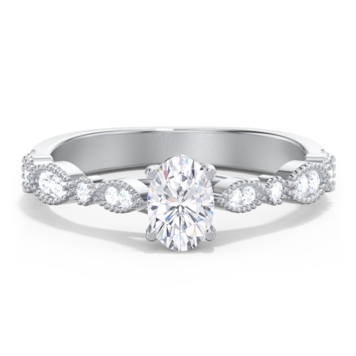 Vintage Diamond Ring with Milgrain Leaves and Accents – 14K White Gold with Lab Diamond