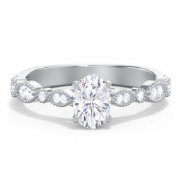 Vintage Diamond Ring with Milgrain Leaves and Accents