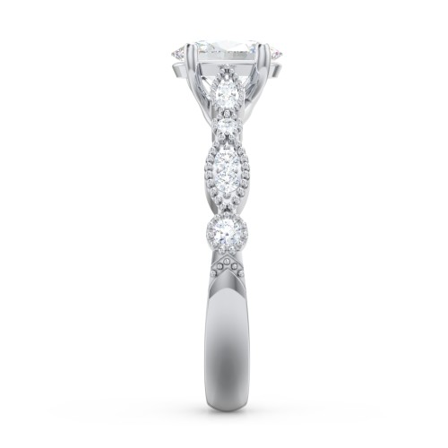 Vintage Diamond Ring with Milgrain Leaves and Accents – 14K White Gold with Lab Diamond