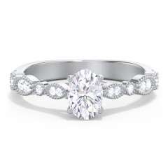 Vintage Diamond Ring with Milgrain Leaves and Accents – 14K White Gold with Lab Diamond