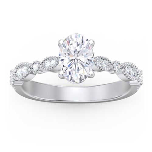 Vintage Diamond Ring with Milgrain Leaves and Accents – 14K White Gold with Lab Diamond