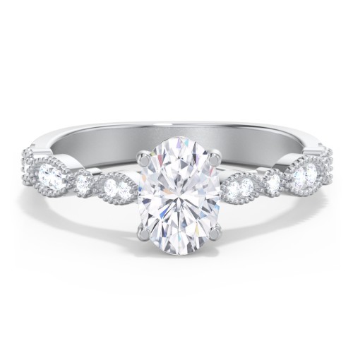 Vintage Diamond Ring with Milgrain Leaves and Accents – 14K White Gold with Lab Diamond