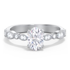 Vintage Diamond Ring with Milgrain Leaves and Accents – 14K White Gold with Lab Diamond