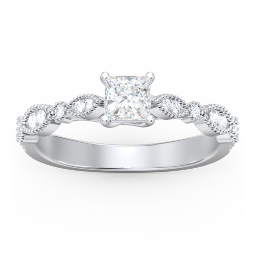 Vintage Diamond Ring with Milgrain Leaves and Accents – 14K White Gold with Lab Diamond