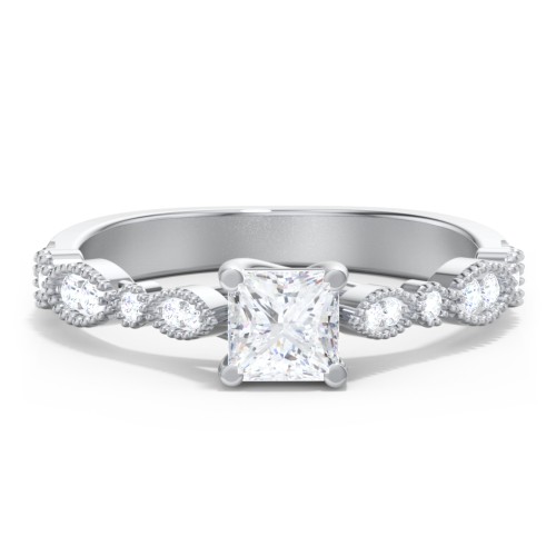 Vintage Diamond Ring with Milgrain Leaves and Accents – 14K White Gold with Lab Diamond