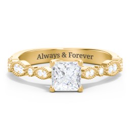 Vintage Diamond Ring with Milgrain Leaves and Accents in 10K Solid Yellow Gold