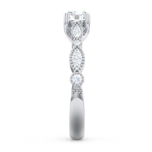 Vintage Diamond Ring with Milgrain Leaves and Accents – 14K White Gold with Lab Diamond