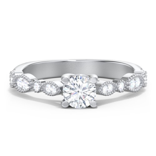 Vintage Diamond Ring with Milgrain Leaves and Accents – 14K White Gold with Lab Diamond