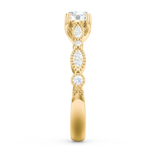 Vintage Diamond Ring with Milgrain Leaves and Accents – 10K Yellow Gold with Lab Diamond