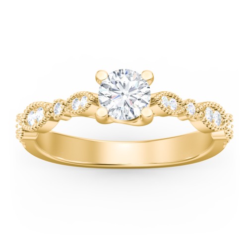 Vintage Diamond Ring with Milgrain Leaves and Accents – 10K Yellow Gold with Lab Diamond