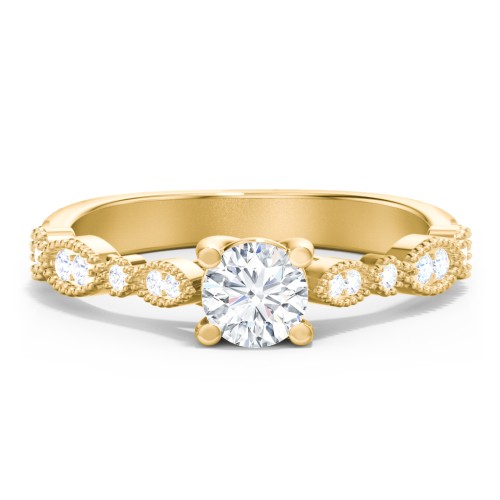 Vintage Diamond Ring with Milgrain Leaves and Accents – 10K Yellow Gold with Lab Diamond