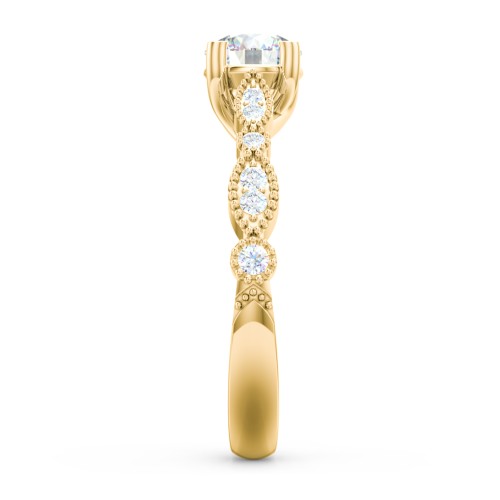 Vintage Diamond Ring with Milgrain Leaves and Accents – 10K Yellow Gold with Lab Diamond