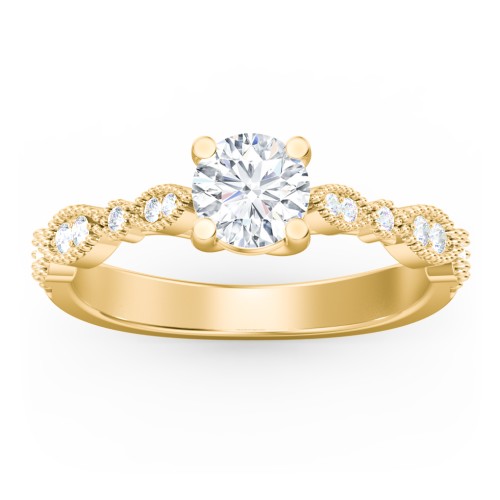 Vintage Diamond Ring with Milgrain Leaves and Accents – 10K Yellow Gold with Lab Diamond