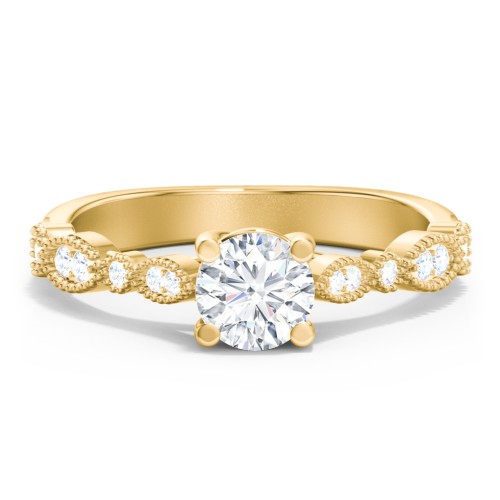 Vintage Diamond Ring with Milgrain Leaves and Accents – 10K Yellow Gold with Lab Diamond