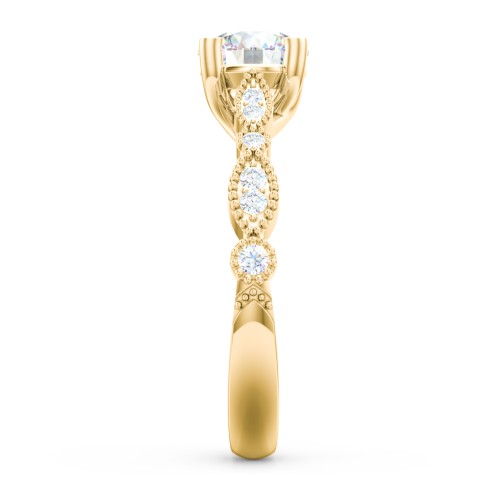 Vintage Diamond Ring with Milgrain Leaves and Accents – 10K Yellow Gold with Lab Diamond