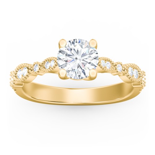 Vintage Diamond Ring with Milgrain Leaves and Accents – 10K Yellow Gold with Lab Diamond