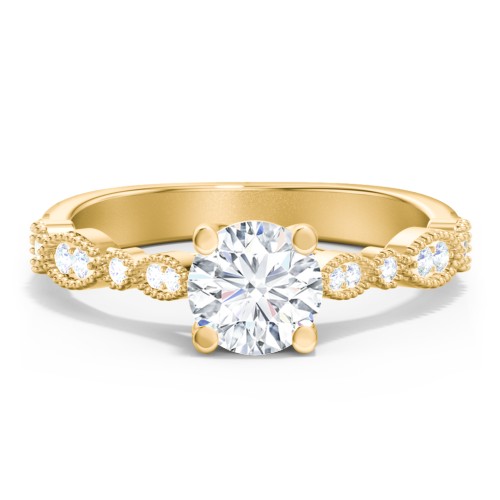 Vintage Diamond Ring with Milgrain Leaves and Accents – 10K Yellow Gold with Lab Diamond