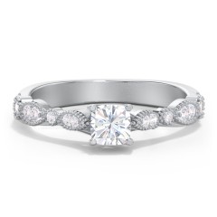 Vintage Diamond Ring with Milgrain Leaves and Accents – 14K White Gold with Lab Diamond