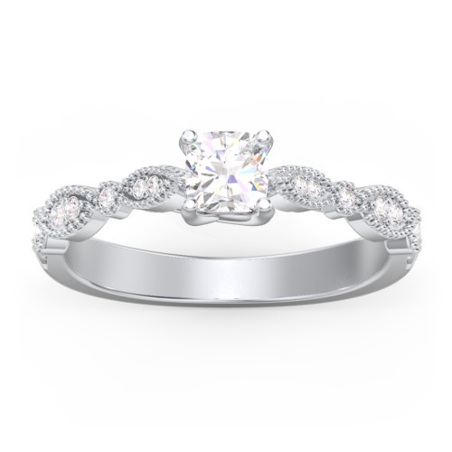 Vintage Diamond Ring with Milgrain Leaves and Accents – 14K White Gold with Lab Diamond