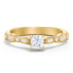 Vintage Diamond Ring with Milgrain Leaves and Accents in 10K Solid Yellow Gold
