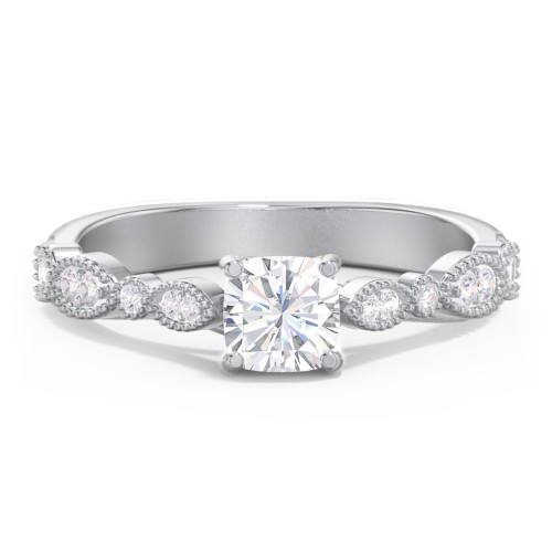 Vintage Diamond Ring with Milgrain Leaves and Accents – 14K White Gold with Lab Diamond