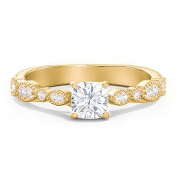 Vintage Diamond Ring with Milgrain Leaves and Accents in 10K Solid Yellow Gold