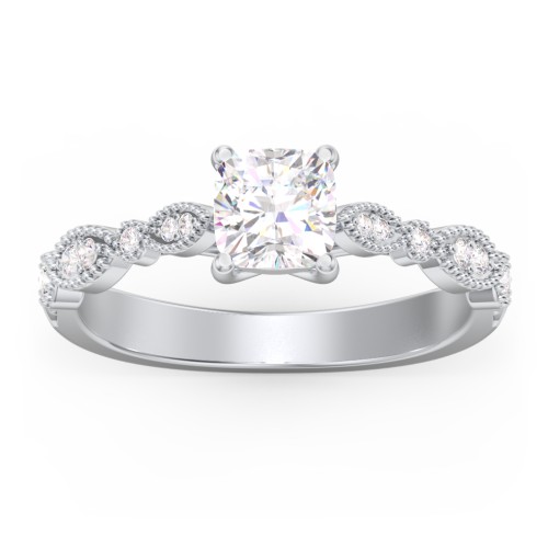Vintage Diamond Ring with Milgrain Leaves and Accents – 14K White Gold with Lab Diamond
