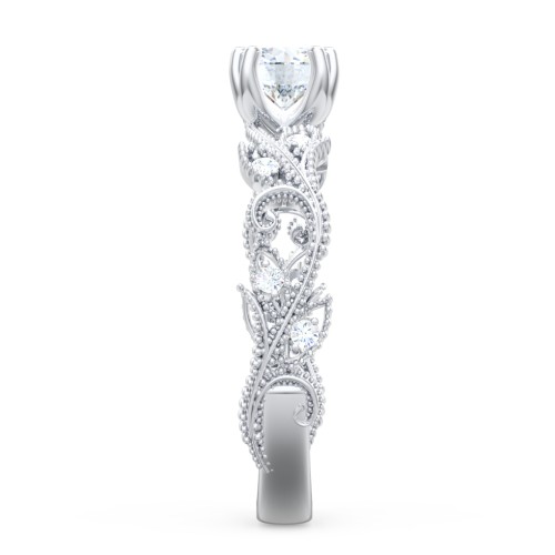 Vintage Leaf and Vine Solitaire Engagement Ring with Milgrain – 14K White Gold with Lab Diamond