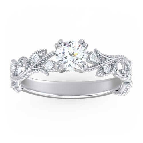 Vintage Leaf and Vine Solitaire Engagement Ring with Milgrain – 14K White Gold with Lab Diamond