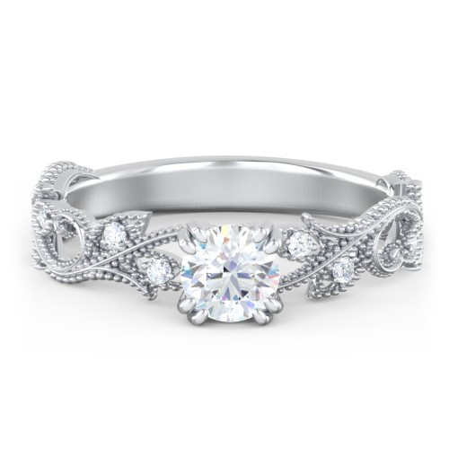Vintage Leaf and Vine Solitaire Engagement Ring with Milgrain – 14K White Gold with Lab Diamond