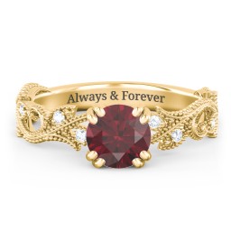 Vintage Leaf and Vine Solitaire Engagement Ring with Milgrain in 10K Solid Yellow Gold with 07RUBY-RD-1.00 and Lab Diamond