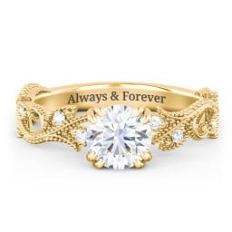 Vintage Leaf and Vine Solitaire Engagement Ring with Milgrain