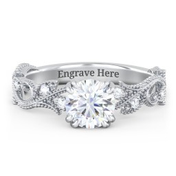 Vintage Leaf and Vine Solitaire Engagement Ring with Milgrain