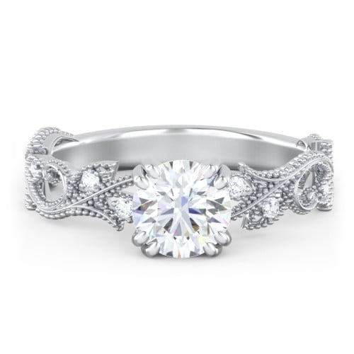 Vintage Leaf and Vine Solitaire Engagement Ring with Milgrain